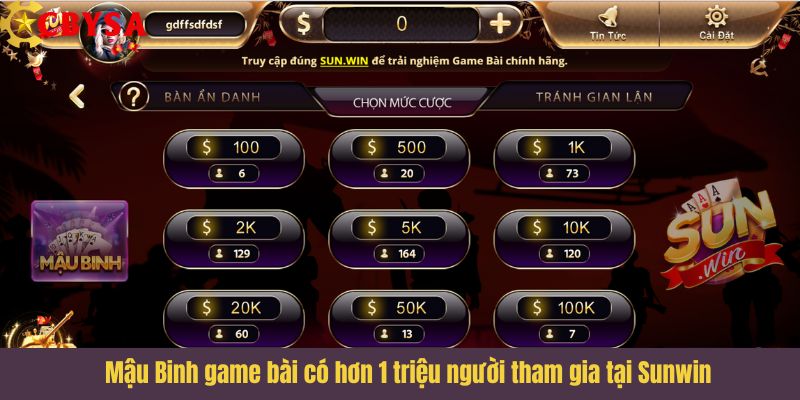 Mậu Binh game bài có hơn 1 triệu người tham gia tại Sunwin